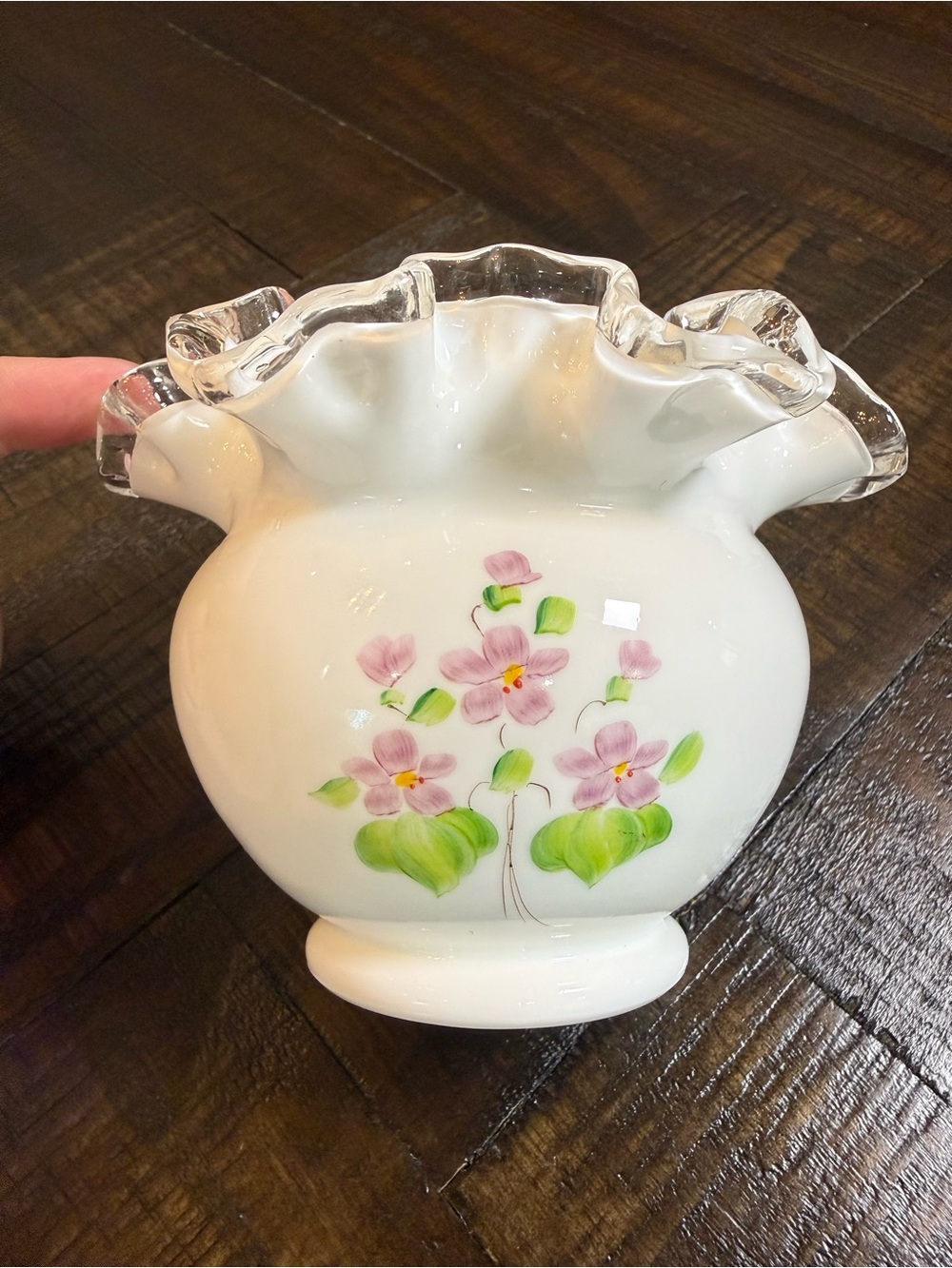 Fenton Debbie Owens Hand Painted‎ Milk Glass Silver Crest Ruffled Vase 4”